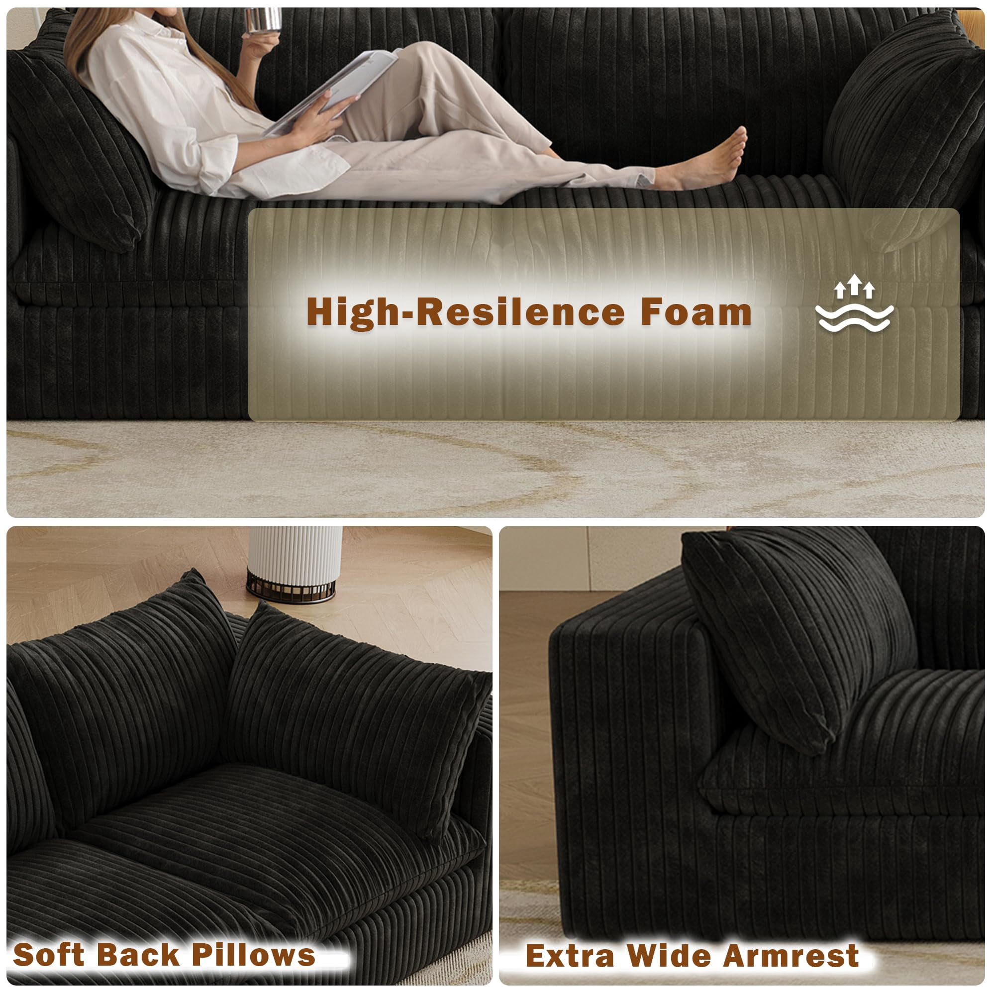78.8" Corduroy Boneless Loveseat Couch with Removable Cushion, Cloud sectional Sofa, No Assembly Required, Compression Sofa in a Box, DlY Combination for Living Room