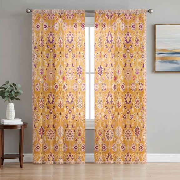 Orange Yellow Boho Sheer Curtains 96 Inch Length 2 Panels Set, Vintage Shabby Abstract Geometric Art Voile Window Treatment Semi Sheer Long Curtains Drapes for Bedroom/Living Room/Kitchen 52"x96"x2
