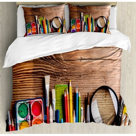 Colorful Duvet Cover Set Used Painting Equipment On Wooden Desk