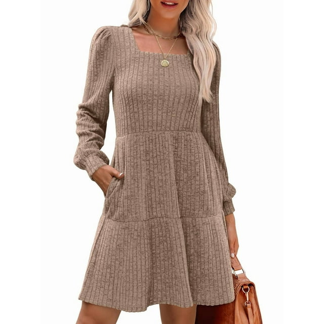 Vestido Estilo Babydoll Informal de Otoño con Cuello Cuadrado y Larga para Mujer. Caqui L