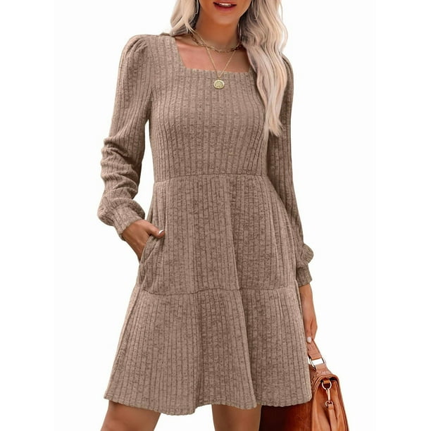 Vestido Estilo Babydoll Informal de Otoño con Cuello Cuadrado y Larga para Mujer. Caqui M