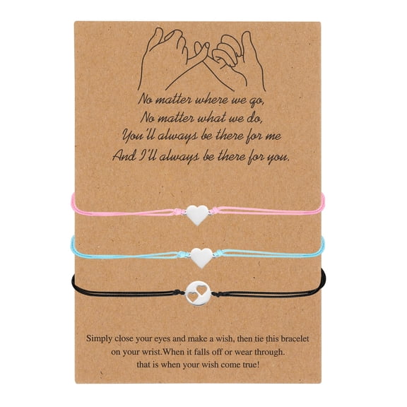 Mother & Daughter Matching Bracelets Set, 3 Pcs Adjustable Heart Charm Bracelets with Card, (Black/Pink/Blue)