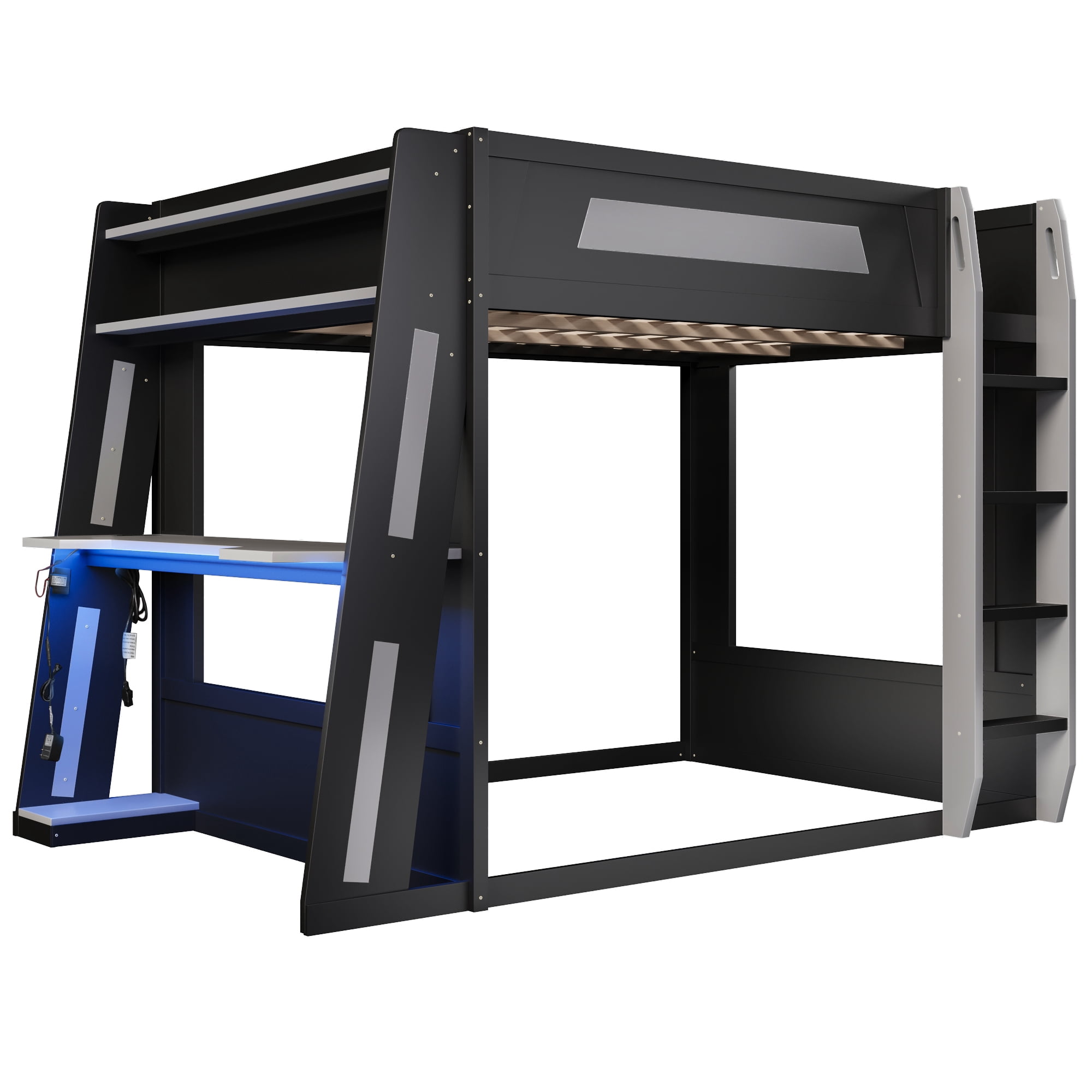 Euroco Queen Size Bunk Bed with Desk and Shelves, Gaming Bed with LED Light and USB Charging, Black & Grey