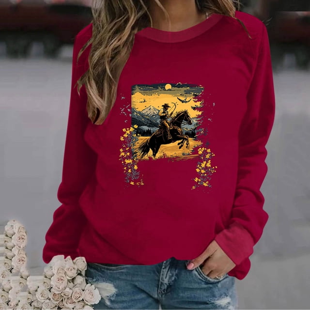 RKSTN Blouses pour Femmes Imprimées Col Rond Manches Longues Chandails en Molleton Blouses pour Femmes Habillées Décontractées