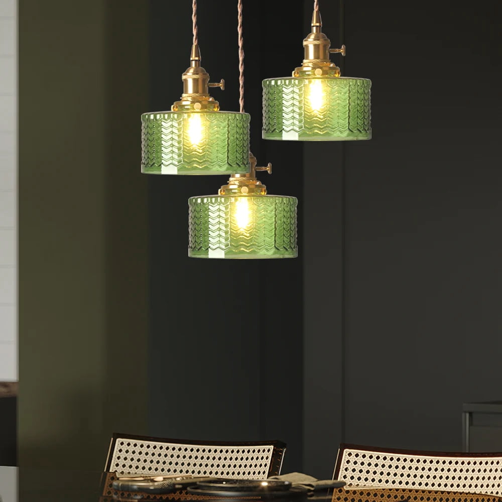 Arturesthome Classic Vintage Green Glass Pendant Light Cylinder Wavy Small Light Fixture