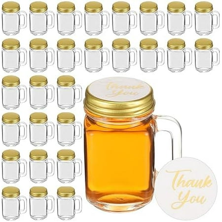 48 Pcs Mini Mason Jars Mini Pots 1.3 oz Shot Glasses with Handles Gold Lids Wedding Favors Gift for Guests Bulk Jars with Lids Wedding Favor Containers with 48 Thank You Labels for Weddings