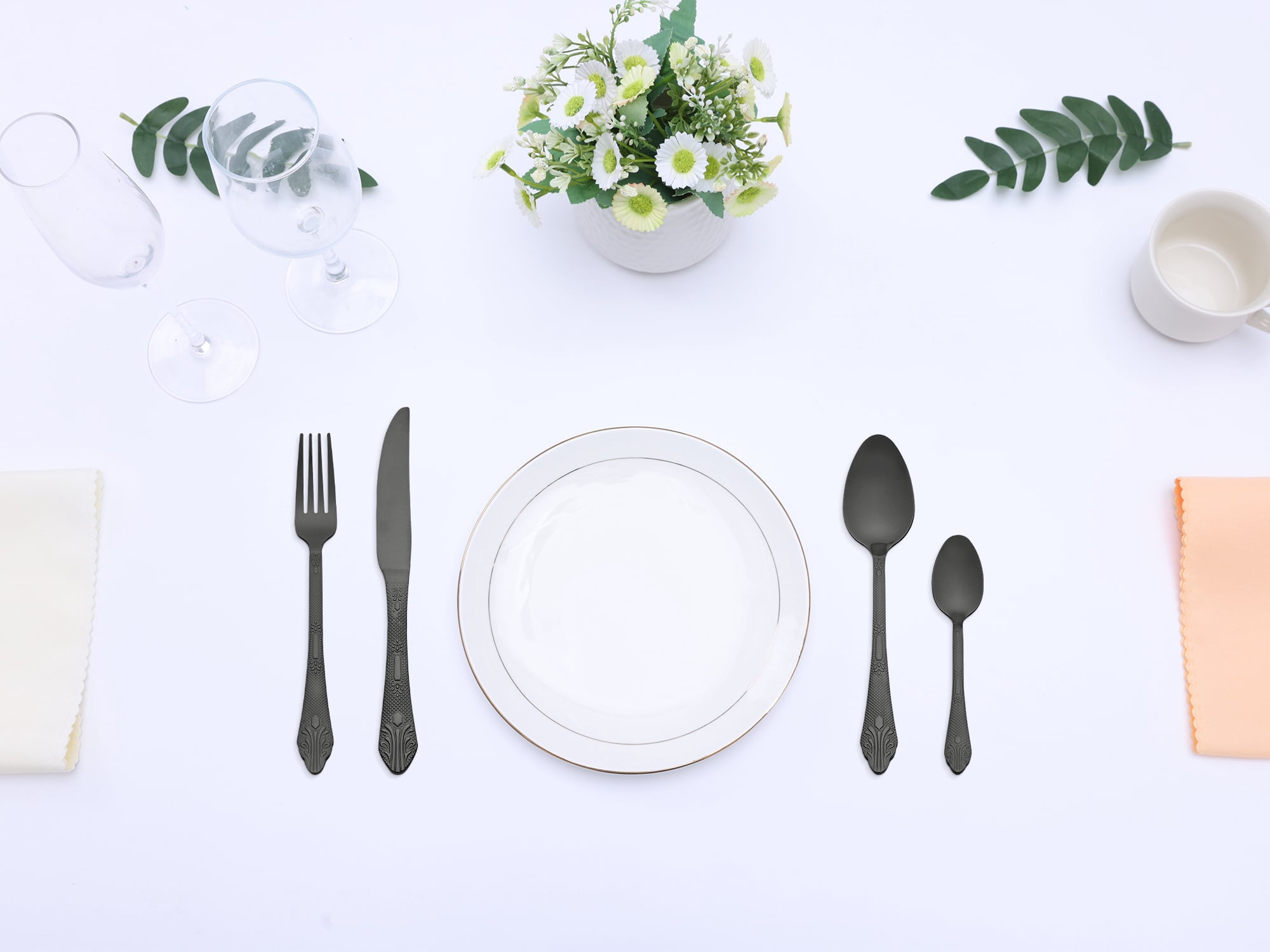 Unique Bargains 4 Piece Silverware Set Stainless Steel Floral Flatware Set Black 4