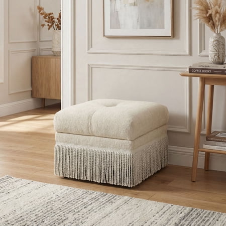 Dayalane 22" Beige Chenille Square Ottoman for Bedroom End of Bed, Mid-Century Fringe Ottoman Footrest for Living Room, Entryway, Window Side Bench