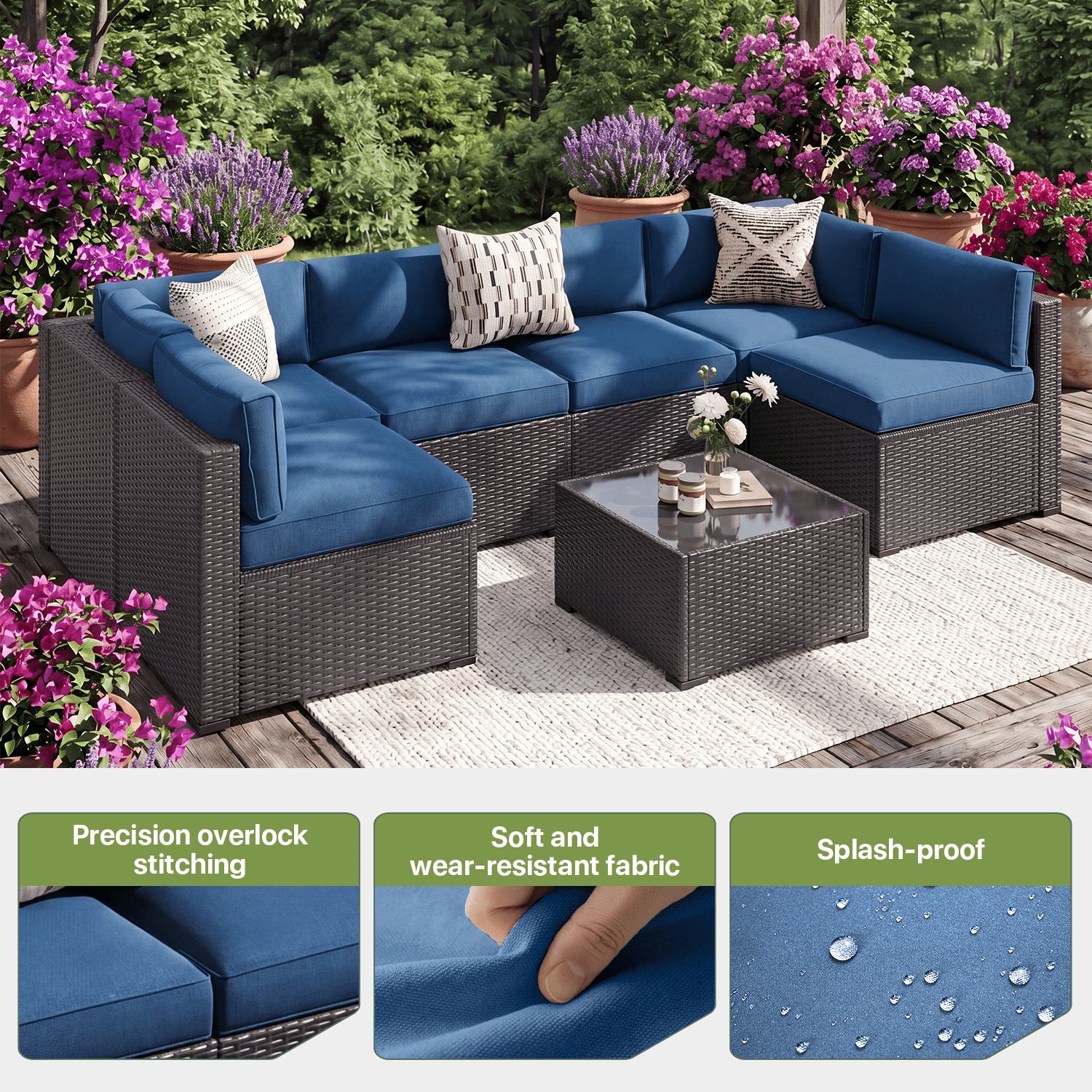 BaPiPro 14 Pack Navy Blue Outdoor Patio Sofa Cushion Replacement Covers, Fade‑Proof, Waterproof & Zippered, Wear‑Resistant, Stain‑Resistant Easy‑to‑Clean Slipcovers for Rattan Sectional Furniture