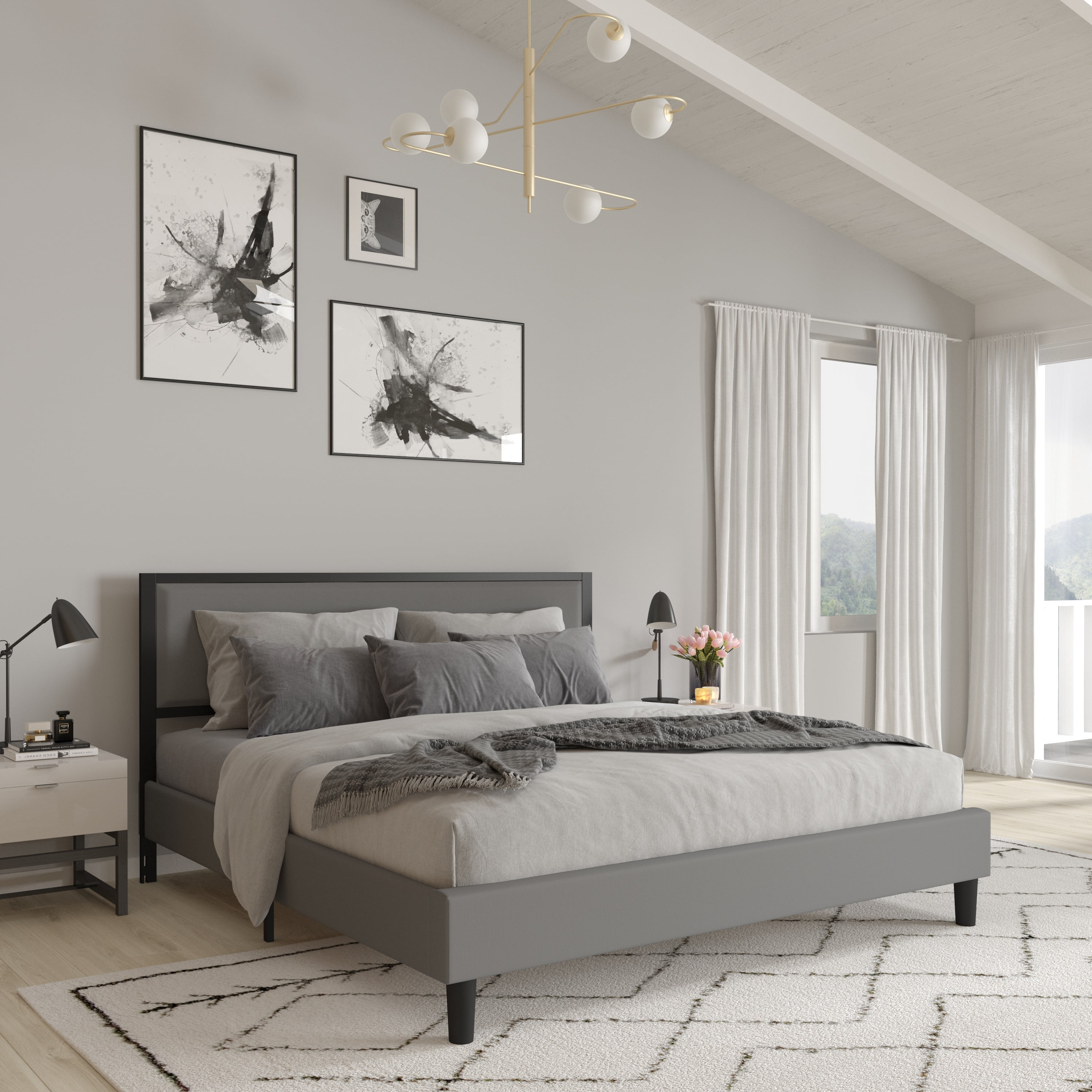 Merrick Lane King Size Headboard Light Gray Fabric Upholstered