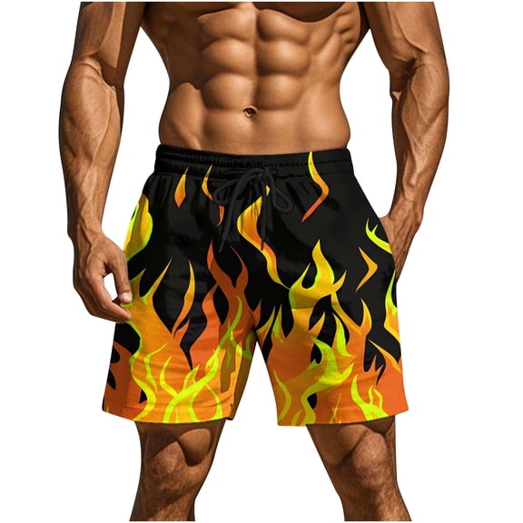 Timoontee Mens Shorts Vibrant Flame Print Elastic Waist Drawstring Design Quick Dry Fabric for Beach Vacations Yellow XL