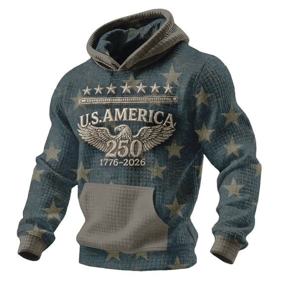 4th of July Hoodie Men 250 Anniversary USA Sweatshirt Long Sleeve Waffle Knit Tops Patriotic Print Casual Pullover with Pocket