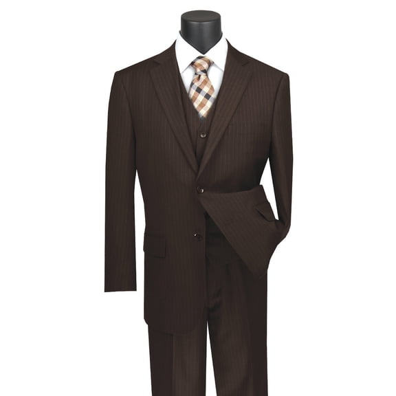 Men's Vinci Suits Classic Fit Vested Banker Pinstripe Suit Brown Size 52 Long