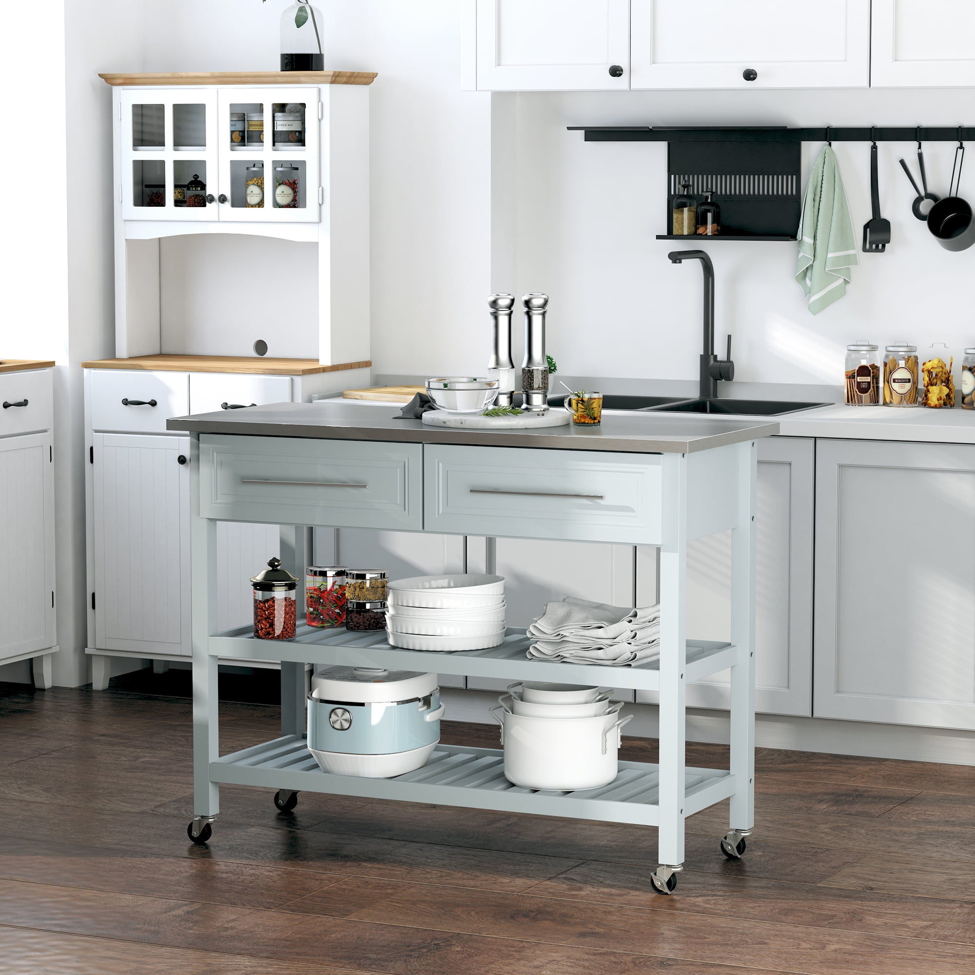 HOMCOM 47" Rolling Kitchen Island Cart with Drawers, Shelves, and Stainless Steel Top, Gray