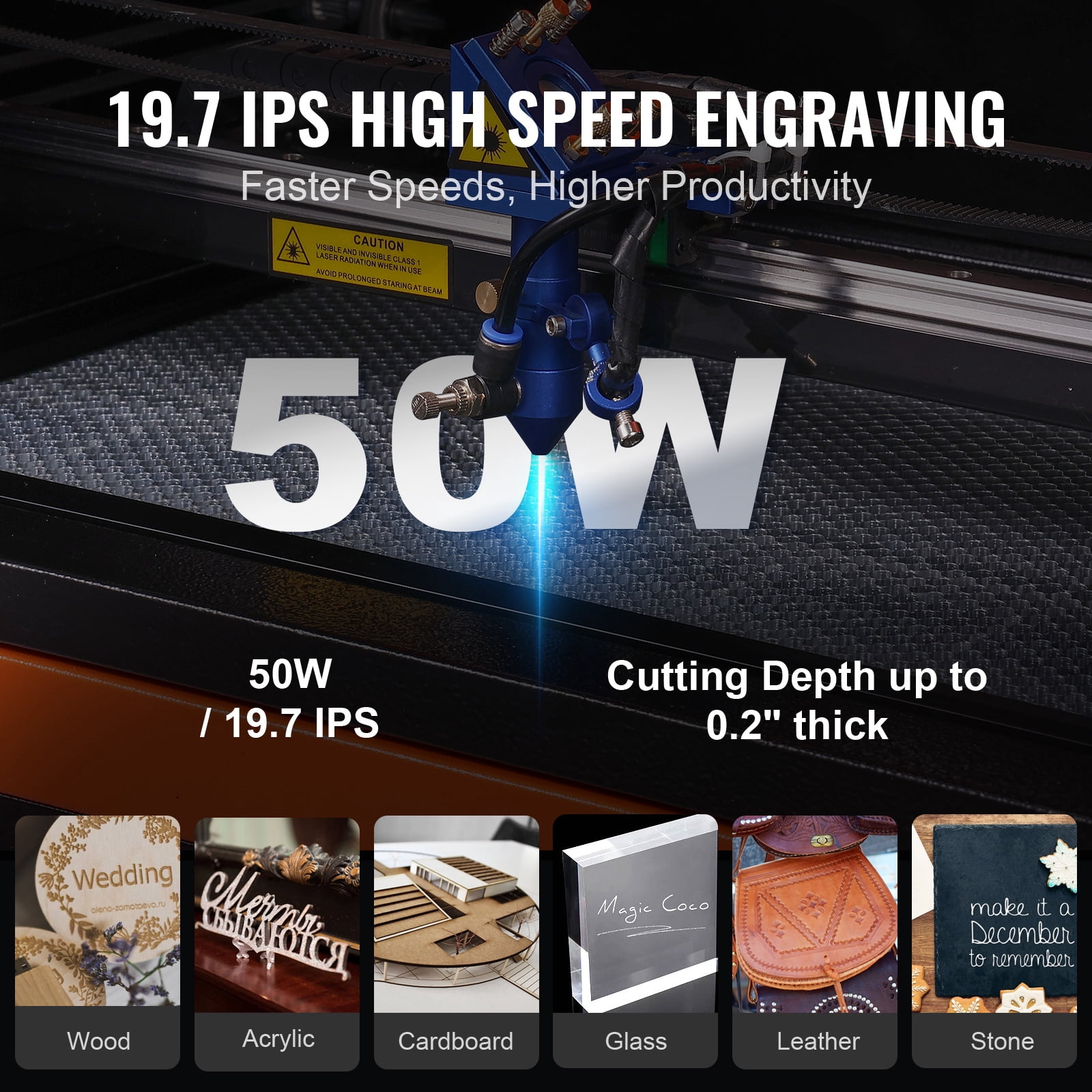 KFFKFF 50W CO2 Laser Etching Tool, 12 x 20 inches, 19.7 IPS Laser Slicing Device with Dual Direction Air Support, Syncs with LightBurn, CorelDRAW, AutoCAD, Windows, Mac OS, Linux