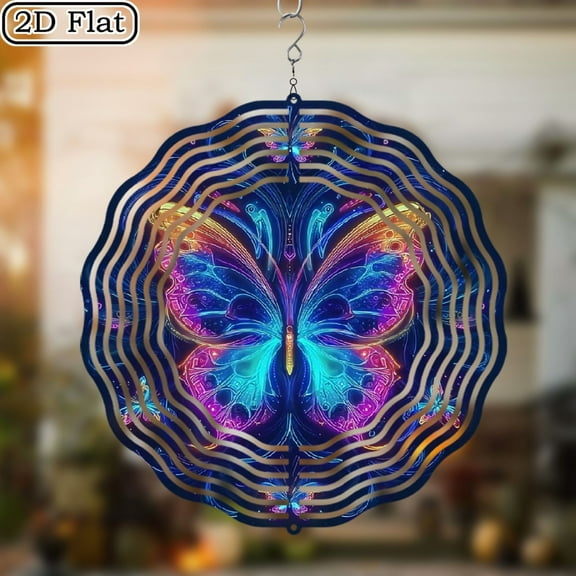 2D Flat, 1pc Blue Butterfly Wind Spinner Hanging - 10in Metal Kinetic Outdoor Decor, Large Spin rotating Wind Sculpture with Vibrant Blue Purple Butterfly Design, No Electricity Needed for Yard10*10in