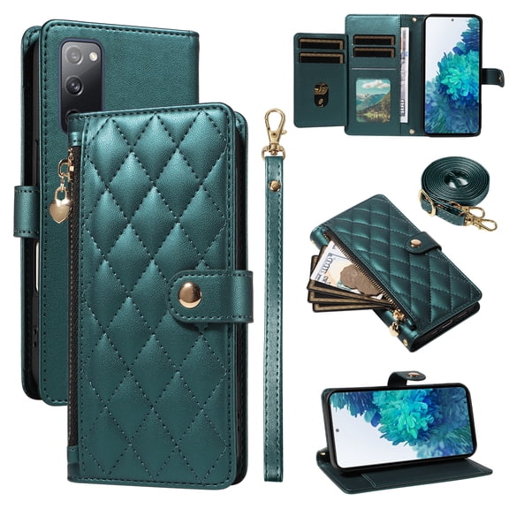 For Samsung Galaxy S20 FE Wallet Case: with RFID Blocking Card Slots [5 Cards 1 Cash Slot 1 Zipper Pocket | Soft PU Leather Magnetic Snap | Crossbody & Wrist Strap Protective Phone Cover,Darkgreen