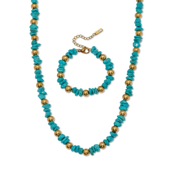 Genuine Turquoise Beaded Gold Ion-Plated Stainless Steel Necklace Set