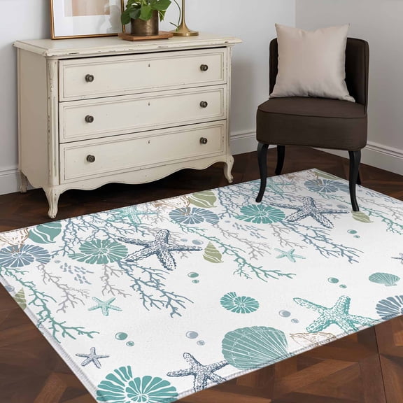 3'x5' Area Rugs, Ocean Coastal Indoor Outdoor Area Rug for Living Room Bedroom, Nautical Starfish Conch Seashells Coral Washable Bathroom Rugs Kitchen Floor Carpet Mats Home Decor Aesthetic