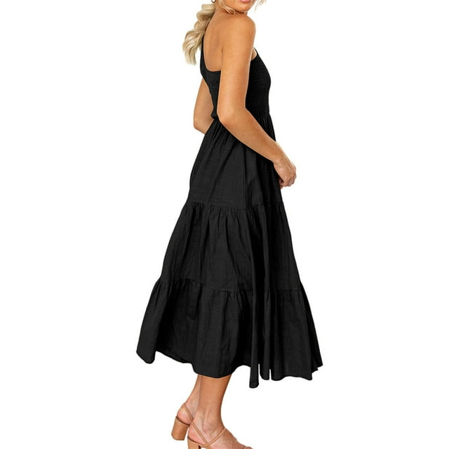 Qarigey Vestido largo bohemio para mujer, vestido veraniego de un hombro de Color sólido para niñas, ropa de verano a la moda para adolescentes y Vestidos Negro S Qarigey AP011089-13