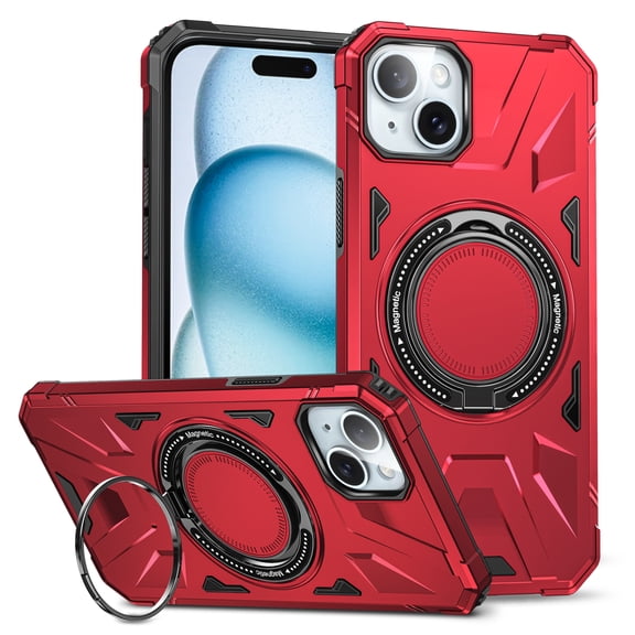 Armor Stand Case for iPhone 15,[Compatible with MagSafe] Military Shockproof Rugged Phone Case,Magnetic with Car Mount,Built in 360° Rotatable Ring Kickstand For iPhone 15,Red