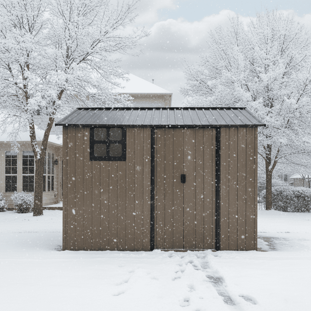 Mintazer 8×6ft Metal Outdoor Storage Shed with Lockable Sliding Doors & Window, Weatherproof Garden Tool Shed, Brown