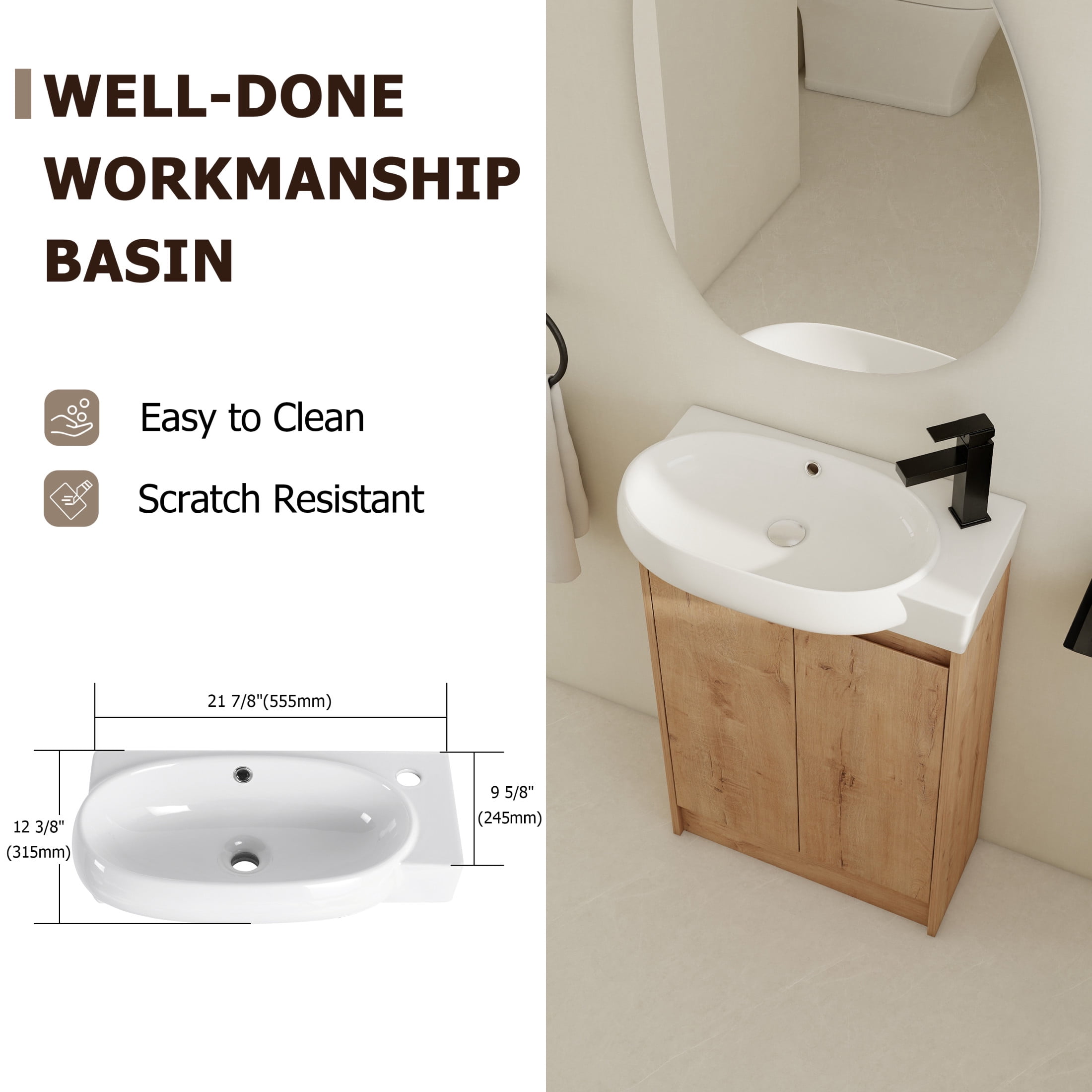 Noble House 23" Freestanding Bathroom Vanity with Sink, Soft Close Doors, Modern Storage Cabinet for Small Bathroom or Powder Room, Imitative Oak
