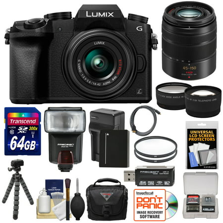Panasonic Lumix DMC-G7 4K Wi-Fi Digital Camera & 14-42mm (Black) with 45-150mm Lens + 64GB Card + Case + Flash + Battery & Charger + Tripod + 2 Lens Kit