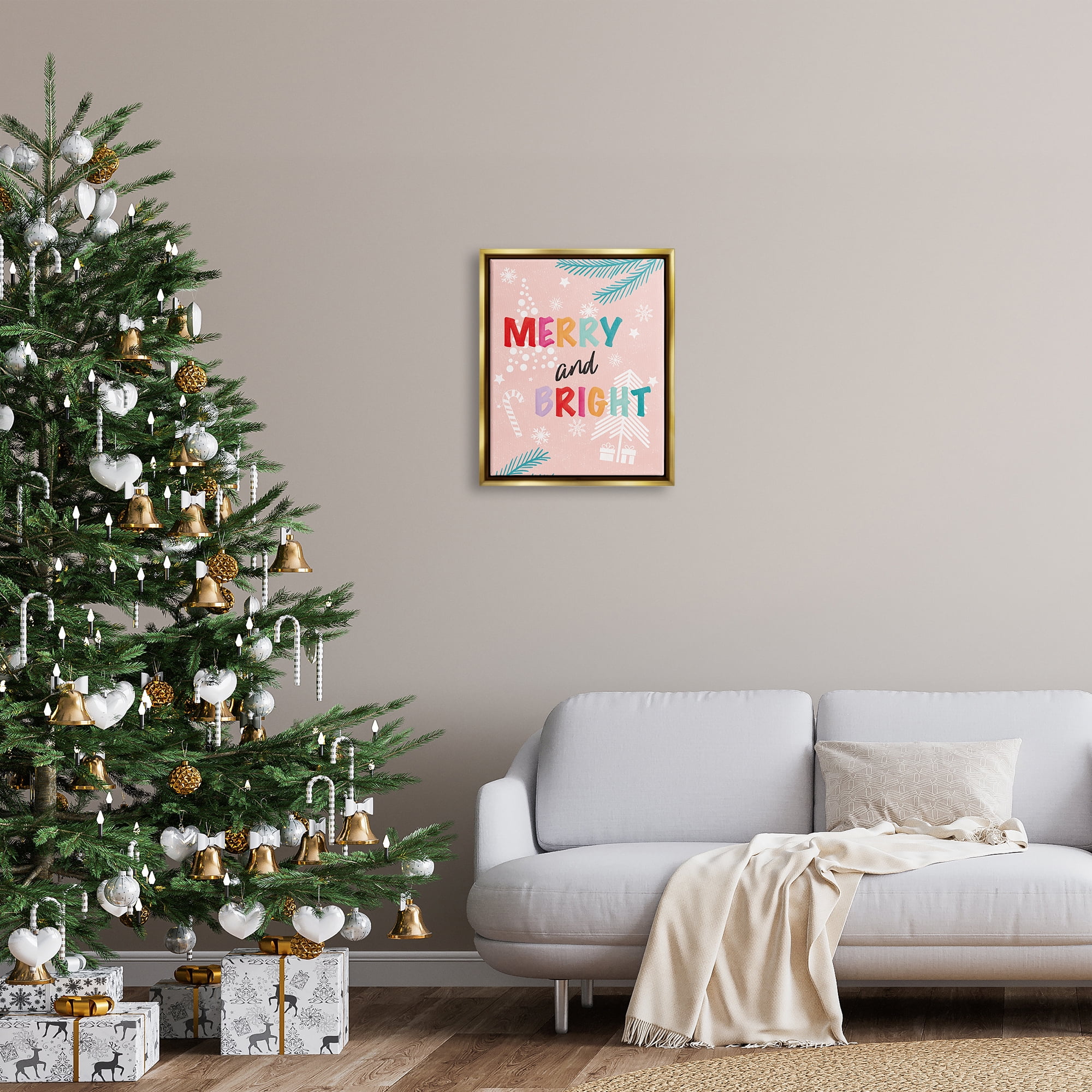 Stupell Industries Merry & Bright Pastel Phrase Holiday Painting Gold Floater Framed Art Print Wall Art