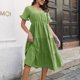 thumbnail image 2 of Vestido largo de mujer con cuello en V, manga corta, dobladillo con volantes, vestido casual de color puro para uso diario, 2 of 7