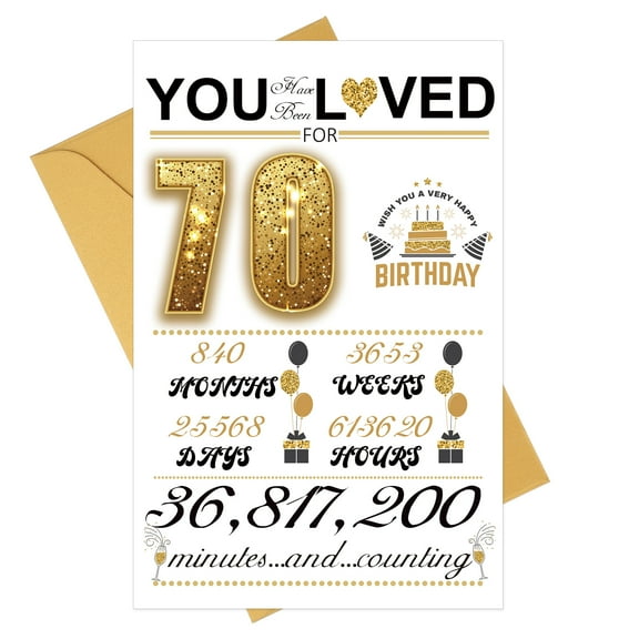 Uxcell 70th Birthday Card, Happy Birthdays Card Time Greeting Card with Envelope for Girl Boy Women Gift Friend Birthday Decorations, Gold Tone