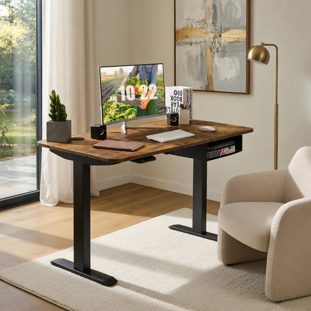Demi Bonn 48" Electric Height Adjustable Standing Desk with Control Panel, Small Home Office Desk Study Writing Table, Brown