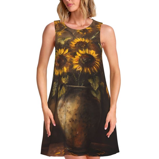 Easygdp Rustic Sunflower Bouquet para Vestido Transpirable de Mujer, Vestido Suelto de Manga Corta con Pliegues y Bolsillos para el Verano