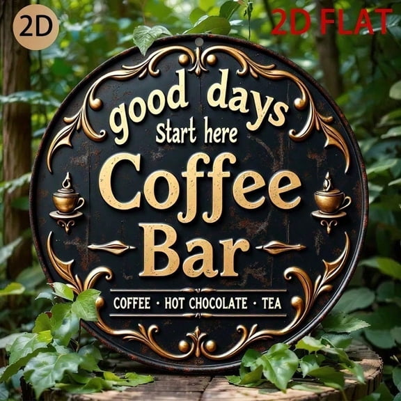 HELLOYOUNG Vintage Metal Coffee Bar Sign, 3D Rustic Wall Art Decor for Kitchen Cafe Home, Black Gold Farmhouse Decor, Metal Tin Sign