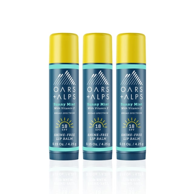 Bálsamo labial sin brillo Oars + Alps y protector solar SPF 18, cuidado de labios con aroma a menta soleada, resistente al agua y al sudor, 0,15 onzas cada uno, paquete de 3