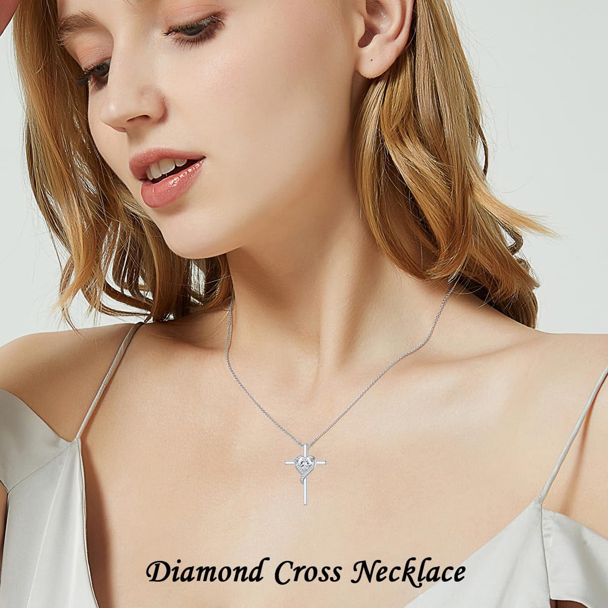 WINNICACA April Birthstone Diamond Cross Necklace for Women 925 Sterling Silver Heart Cross Pendant Necklace Birthday Valentines Mothers Day Jewelry Gifts for Women
