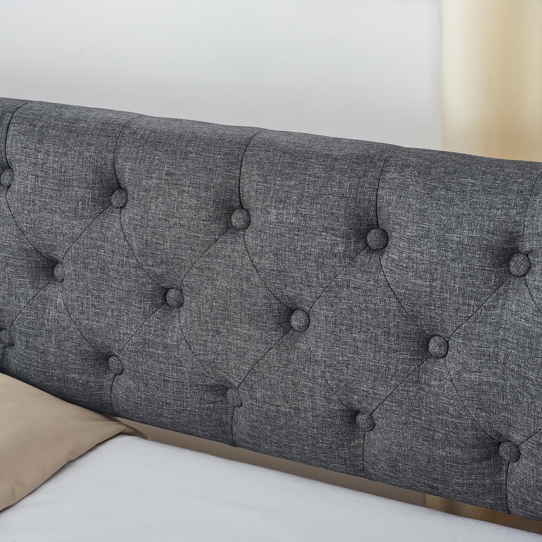 Noble House Nevaeh Twin Upholstered Linen Daybed, Extendable Twin to King Trundle Bed Frame with Storage Drawers, Dark Gray