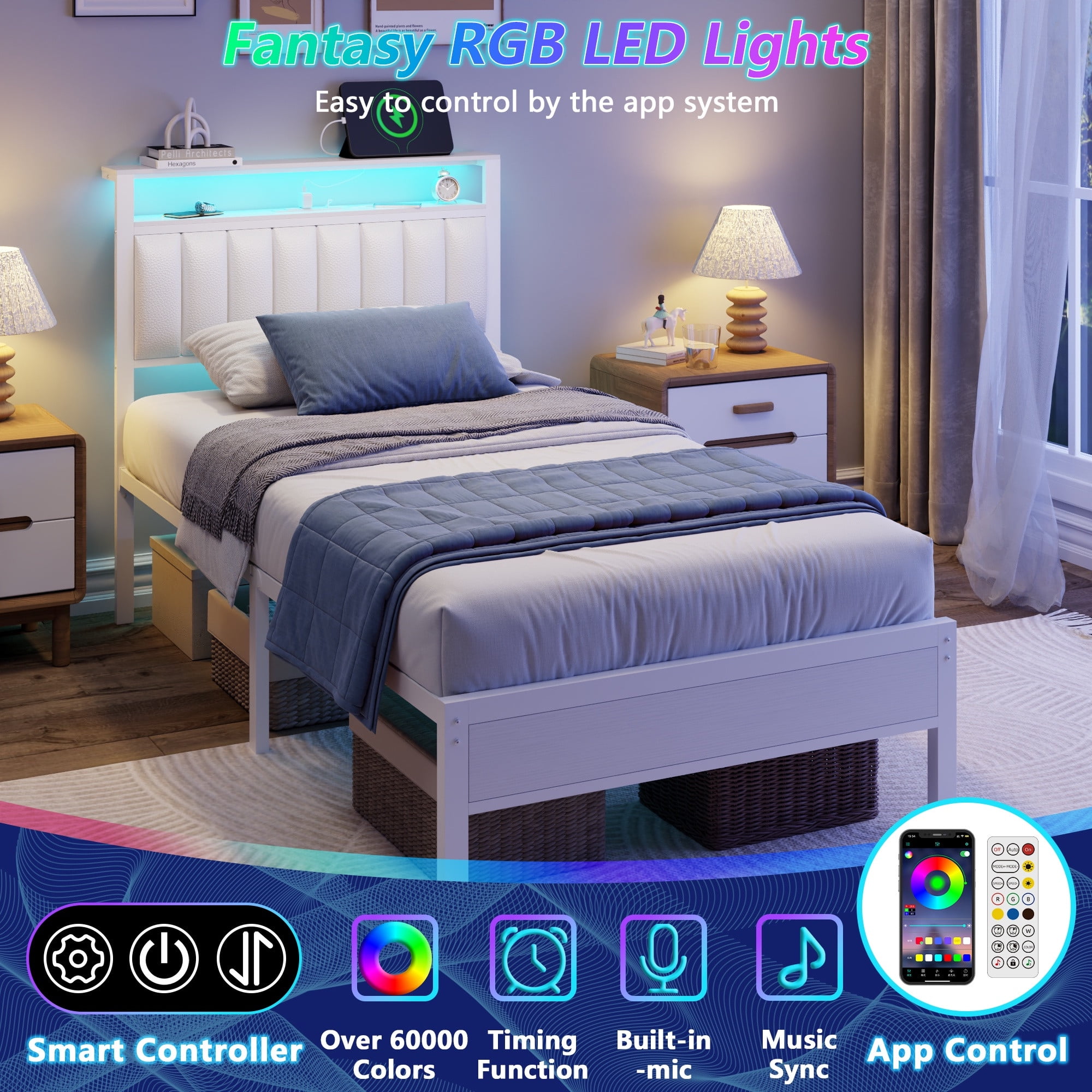 Satifur Twin Bed Frames with LED Lights & Charging Station, Platform Bed with Metal Slats, Headboard with 2-Tier Storage Shelves, No Box Spring Needed, White
