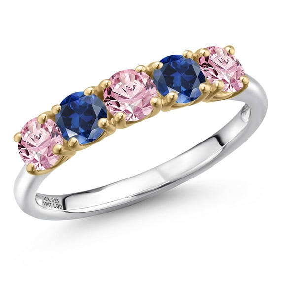 Gem Stone King 925 Silver and 10K Yellow Gold Pink Lab Grown Diamond and Blue Created Sapphire Wedding-Bands Ring for Women | 1.25 Cttw | Round 4MM | Gemstone April Birthstone | Size 8