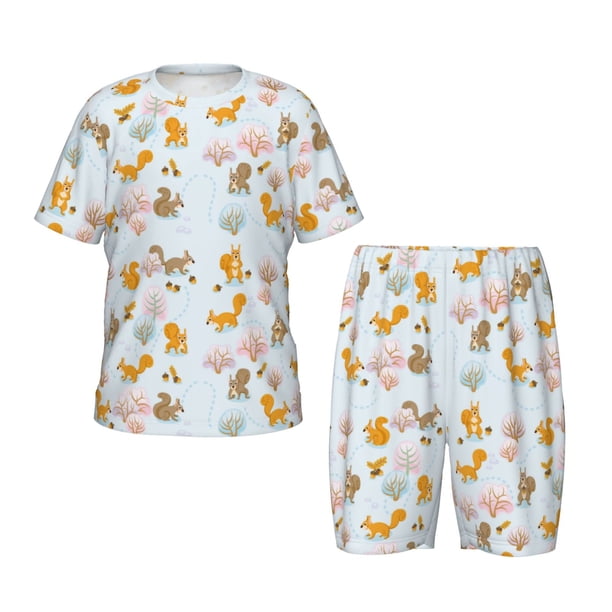 Balery Squirrel In The Forest Conjunto de Pijama Infantil de Manga Corta con Estampado – Ropa de Dormir de Algodón Suave-XX-Large