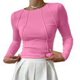 thumbnail image 2 of Women's Long Sleeve Shirts Slim Fit Crew Neck Fall Clothes Exposed Seams Ribbed Basic Tops Pink XL, 2 of 7