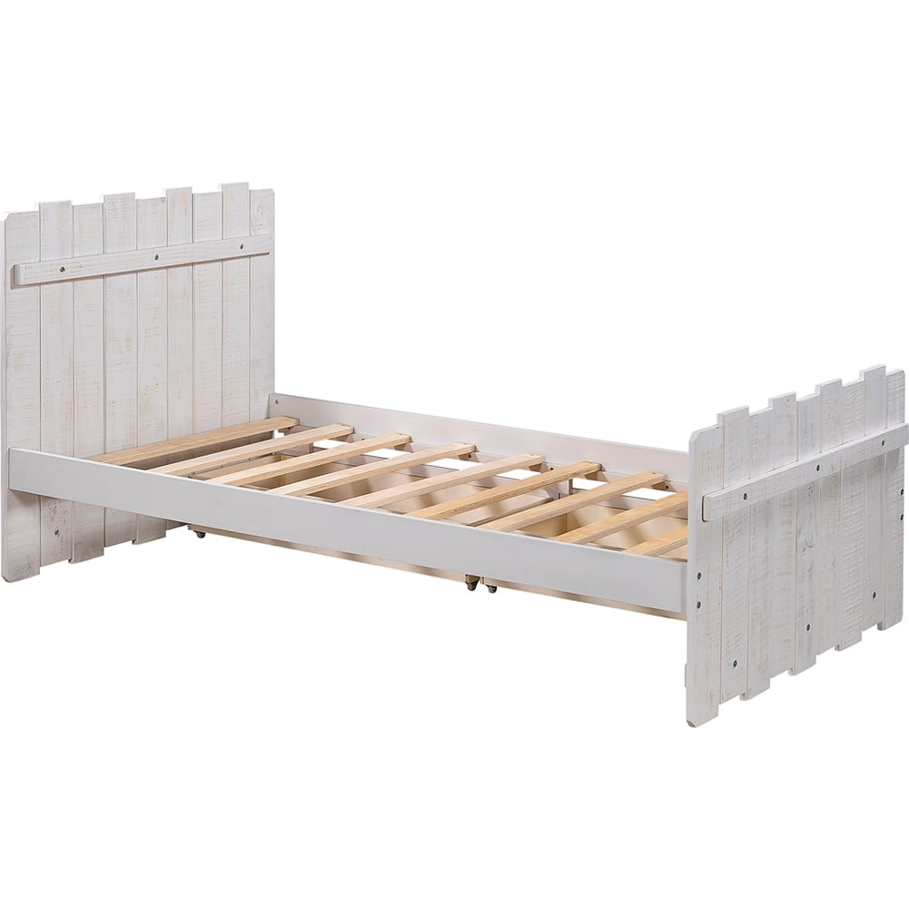 Lowestbest Vintage Wood Twin Platform Bed Frame with Headboard and Footboard, White Lowestbest Vintage Wood Twin Platform Bed Frame with Headboard and Footboard, White