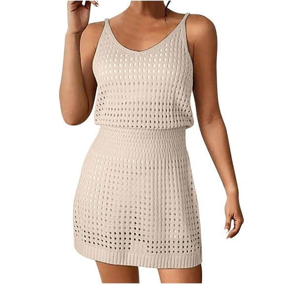 Lovskoo Swimsuit Coverup for Women Sleeveless Summer 2024 Crochet Hollow Out Knit Beach Bathing Suit Swim Cover Ups Outfits Vacation Dresses Khaki S