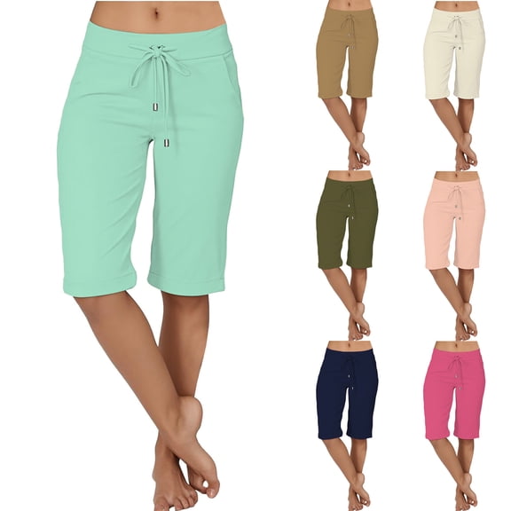 Loopsun Womens Summer Fashion Casual Solid Low Waist Slim Drawstring Button Knee Length Daily Wear Shorts with Pockets Army Green, L