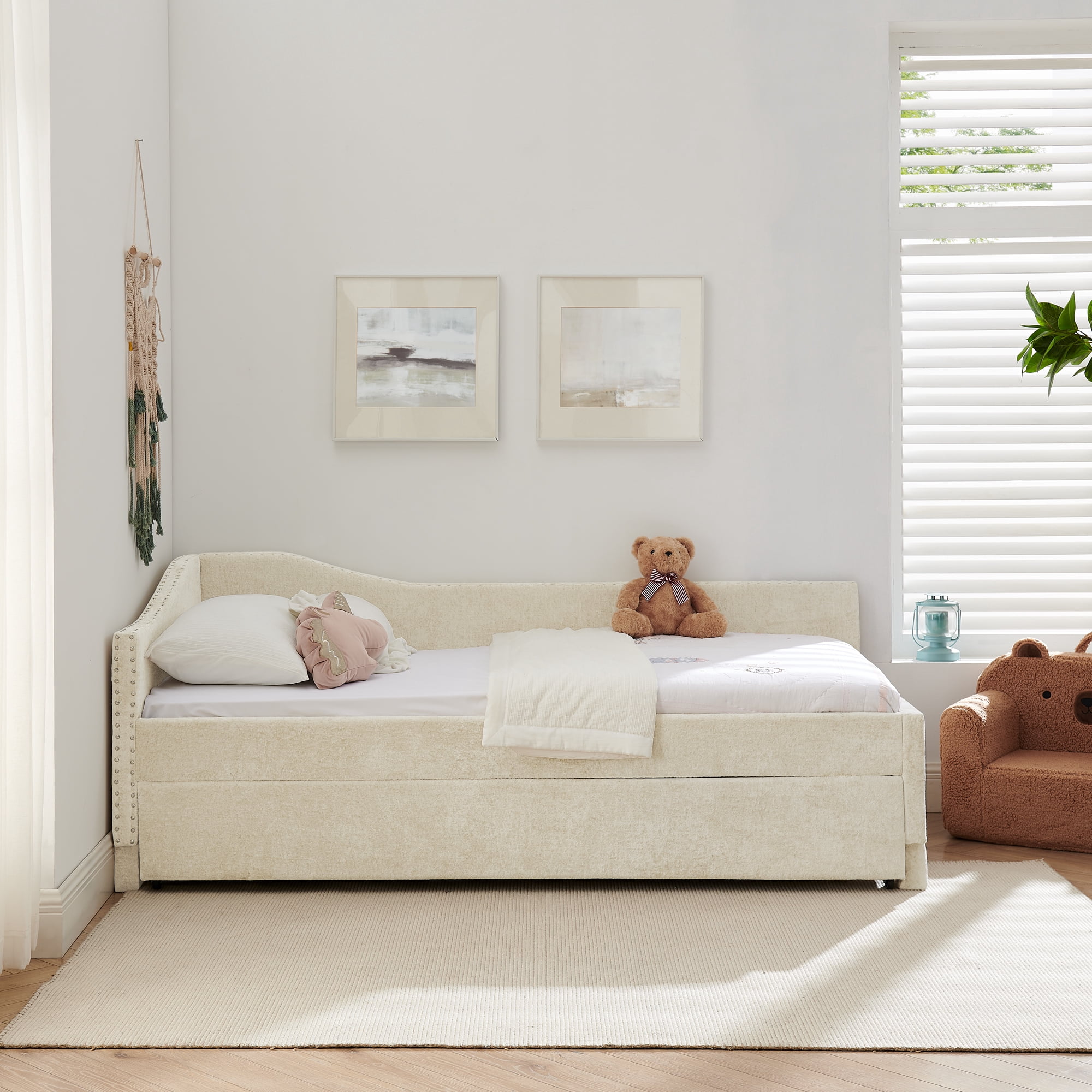Twin Size Daybed,Chenille Upholstered Daybed with Pull-Out Trundle & Built-In USB Charging Port,2-in-1 Space Saving Sofa Bed for Guest Room,Small Space,Beige