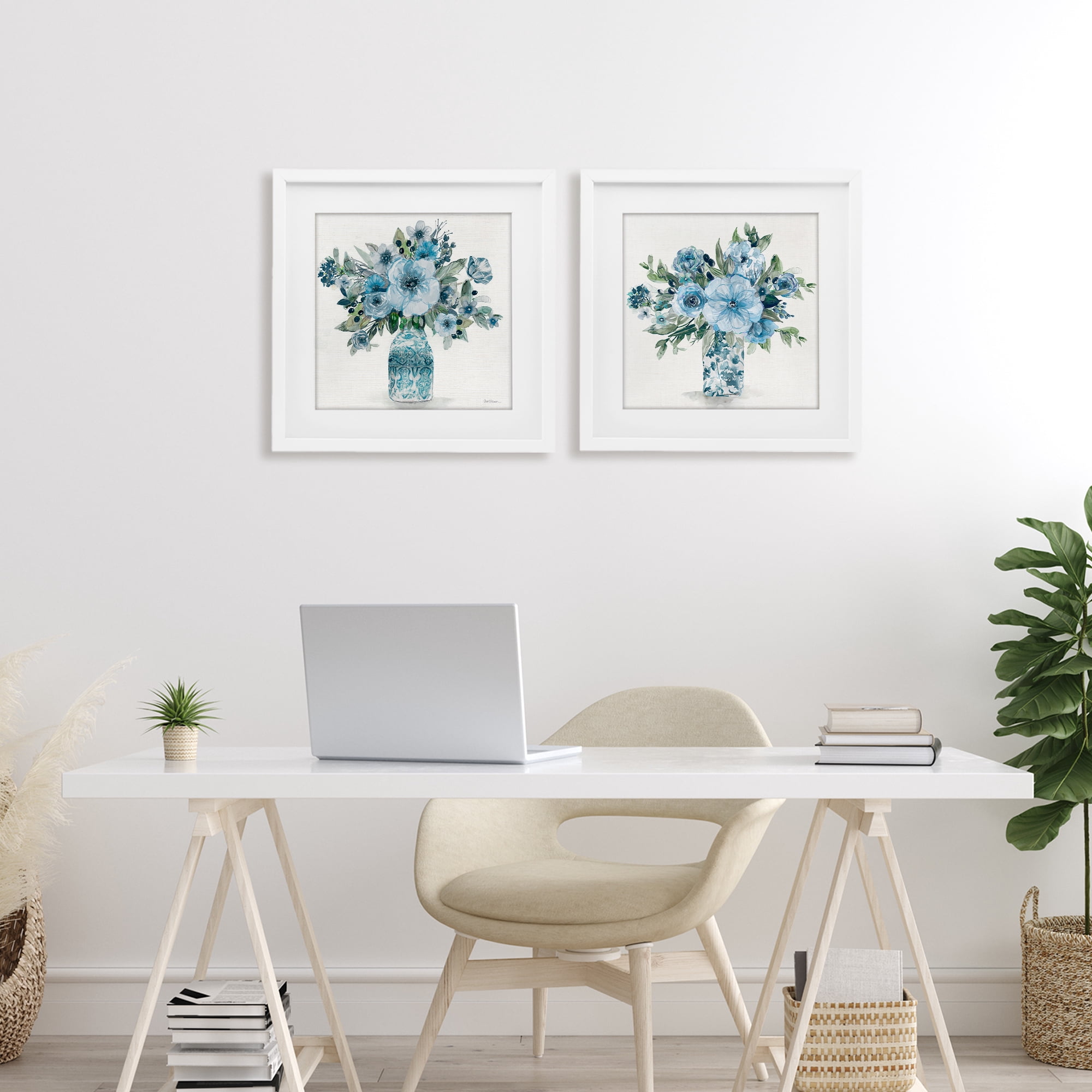 Stupell Industries Pastel Blue Floral Vase Arrangements 2 Piece White Framed Print Under Glass Set, design by Carol Robinson