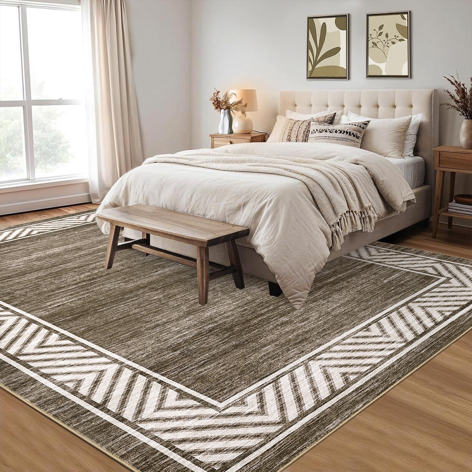 Garvee 10'x13' Geometric Bordered Area Rug Living Room Carpet, Washable Rug Non-Slip Non-Shedding Low Pile Floor Mats for Bedroom Home Office, Brown