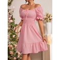 thumbnail image 3 of Pink Square Neck Ruched Waist A-Line Dress With Puffed Sleeves And Tiered Hem, 3 of 6