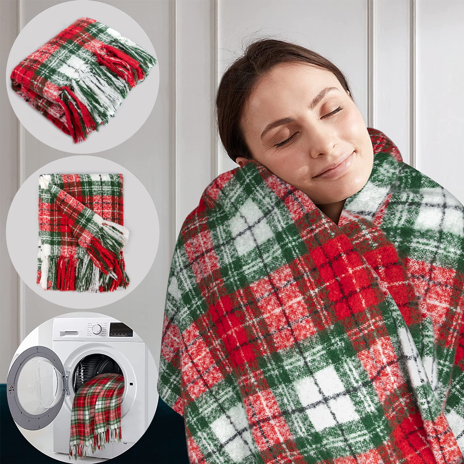 50 x 60 Christmas Gift Plush Blanket Throw with Fringe, Plaid 