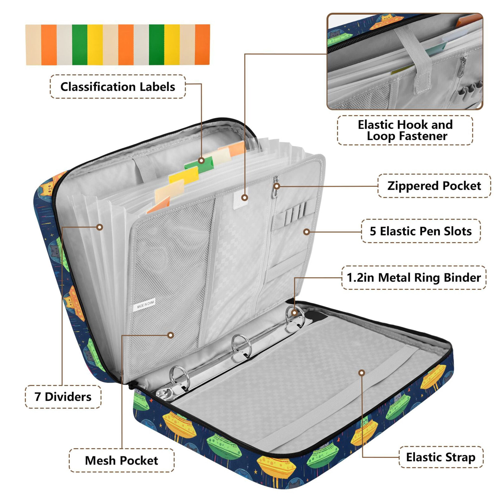 FORMRS Accordion File Folder A4 Size 7-Pocket Expanding Document Organizer Bag with 3 Ring Binder, Rainbow Space Cat